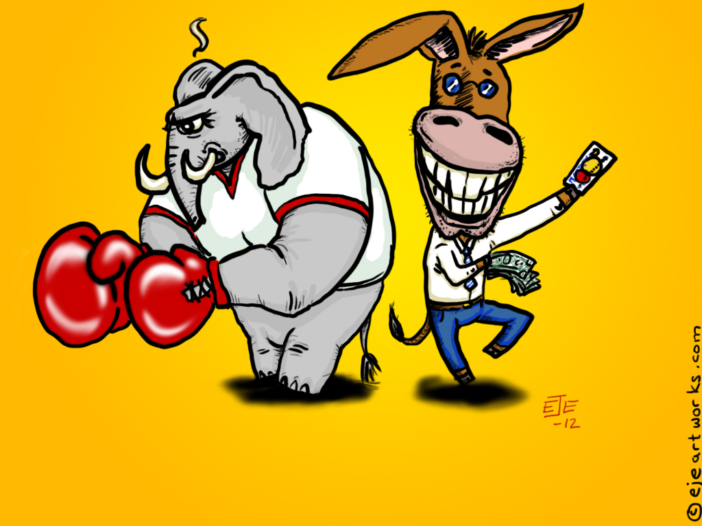 angry boxing elephant and smiling shopping donkey